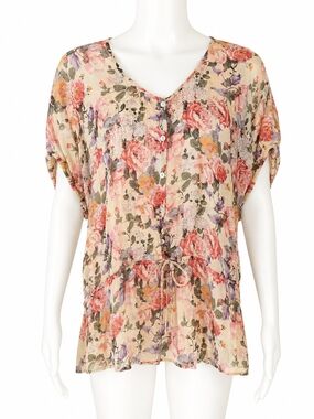 Karen Kane Floral Blouse - Buttercream and Pink -Size Large
